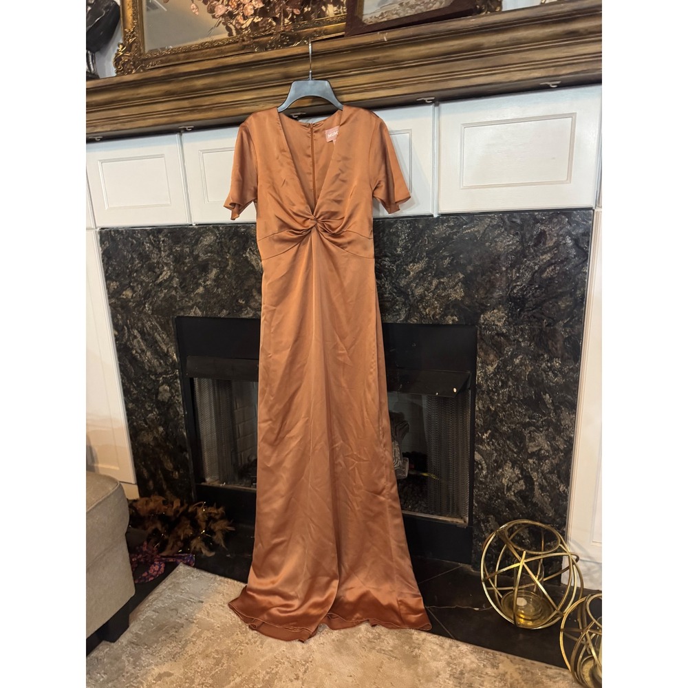 Show Me Your Mumu Bronze Satin Twist Front V-Neck Maxi Dress Size M Bridesmaid